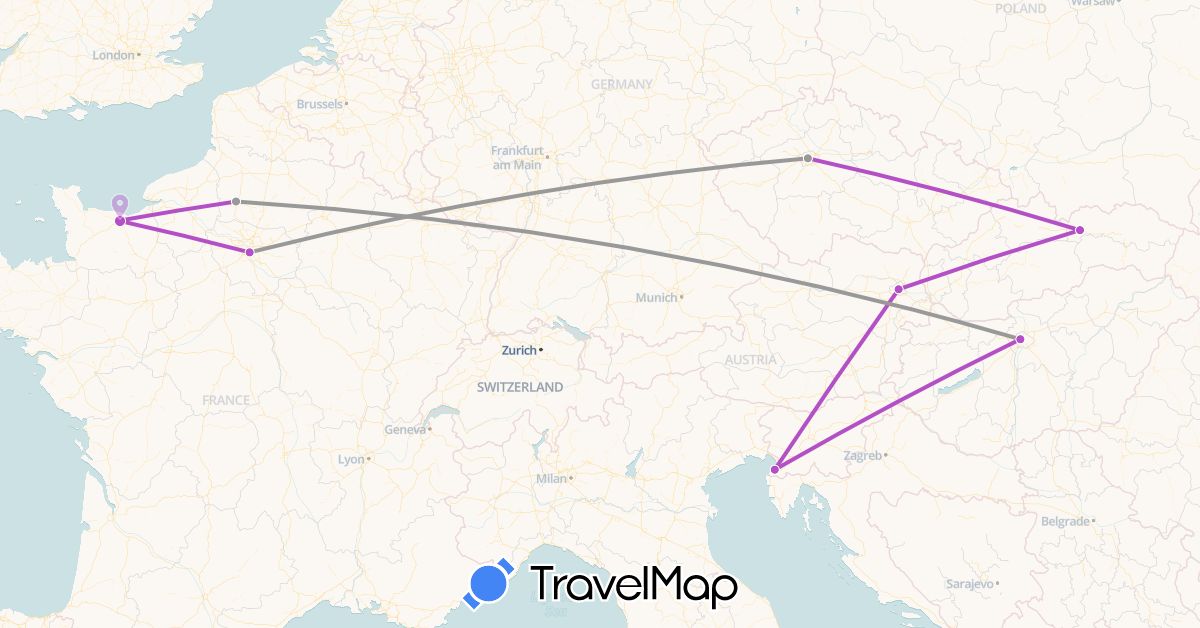 TravelMap itinerary: driving, plane, train in Austria, France, Hungary, Slovenia, Slovakia (Europe)
